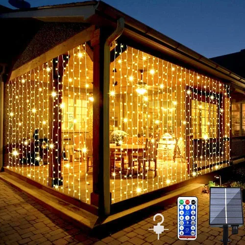 Vista 8 de Luces de cortina solares para exteriores, 300 luces LED en forma de cascada, 8 modos, control remoto, luces impermeables para cascada, para cenador