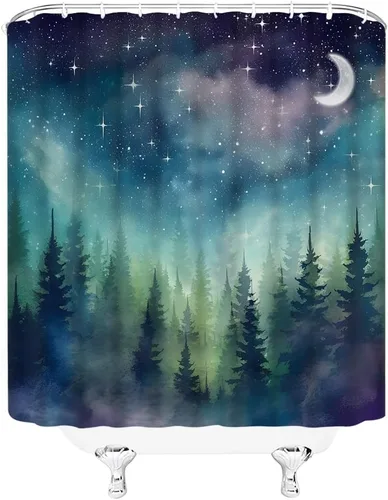 Vista 2 de Cortina de ducha con diseño de luna de bosque, acuarela, bosque brumoso, fantasía, cielo estrellado, galaxia, naturaleza, paisaje gótico, cortinas