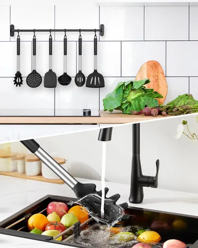 Vista 5 de Juego de utensilios de cocina de silicona, 8 utensilios de cocina antiadherentes con mango de acero inoxidable, herramientas de cocina resistentes