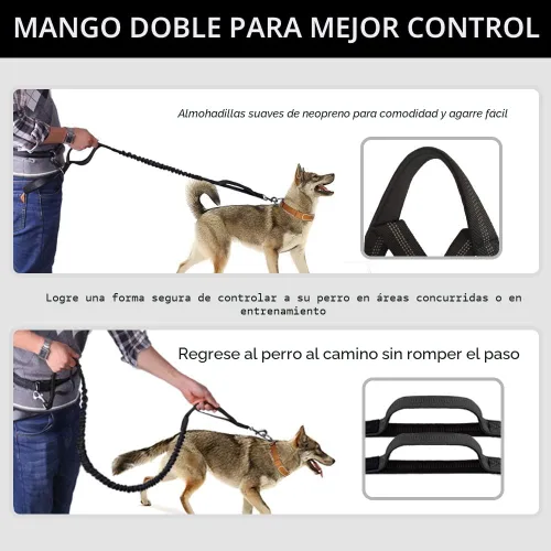 Vista 5 de Correa de perro manos libres, correa de cintura para correr con cremallera, bolsa para caminar para perros medianos grandes, mango doble