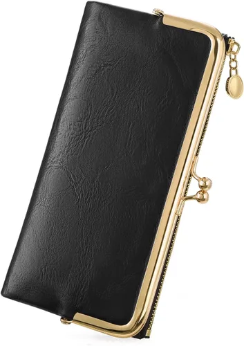 Vista 22 de GOIACII Cartera de mujer con cierre de beso, cartera larga con cremallera, con tarjetero compacto vintage para damas, A01 verde , medio, Classic