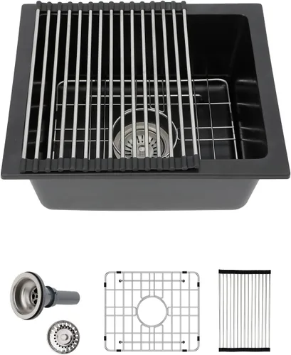 Vista 48 de Sarlai 33 Fregadero de cocina compuesto de granito - 33 x 19 pulgadas Granito negro bajo encimera Fregadero de trabajo de borde negro mate Granito