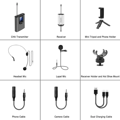 Vista 8 de HOTEC Audífono inalámbrico UHF/Micrófono de solapa Lavalier con transmisor de cuerpo y receptor recargable mini de 6.35 mm de salida para vlogging