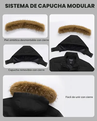 Vista 7 de Chaqueta acolchada para hombre, abrigo de invierno con capucha de piel, impermeable y resistente al viento, forro polar, 4 bolsillos Negro