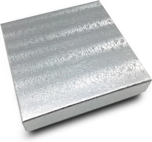 Vista 2 de TheDisplayGuys - Paquete de 100 cajas de cartón rellenas de algodón #33 para joyas, papel de aluminio plateado (3.5 x 3.5 x 1.0 pulgadas)