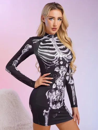 Vista 3 de Disfraz de Halloween para mujer, diseño de esqueleto, manga larga, elástico, minivestido casual