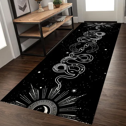 Vista 8 de Alfombra de pasillo de serpiente, 1.3 x 7 pies, diseño gótico, sol, estrellado, morado, floral, blanco y negro, alfombra bohemia, suave, resistente
