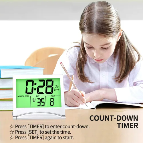 Vista 5 de Betus Reloj despertador digital de viaje con luz de fondo, calendario plegable, temporizador de temperatura, reloj LCD con modo de repetición