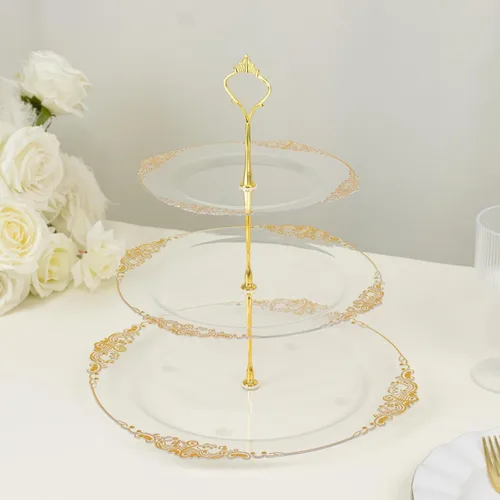 Vista 4 de Efavormart - Soporte de plástico transparente para cupcakes de 3 niveles con borde barroco dorado en relieve, soporte redondo de postres