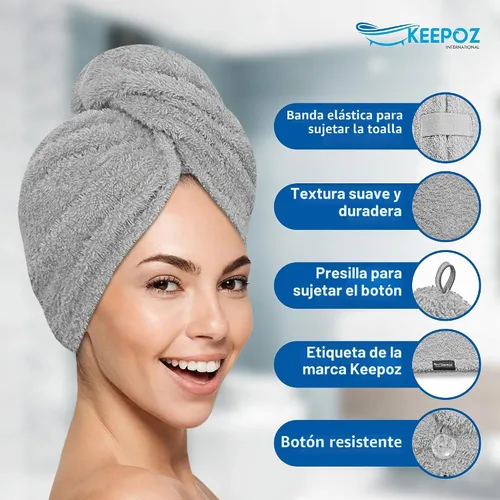 Vista 7 de KEEPOZ Toalla para el cabello de secado rápido, 100% algodón, súper absorbente, turbante para la cabeza para mujeres con botón, productos