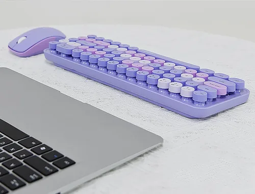Vista 16 de Combo compacto de teclado y mouse inalámbricos, teclas redondas coloridas, 68 teclas sin sonido, adecuado para niñas y niños, compatible con Azul