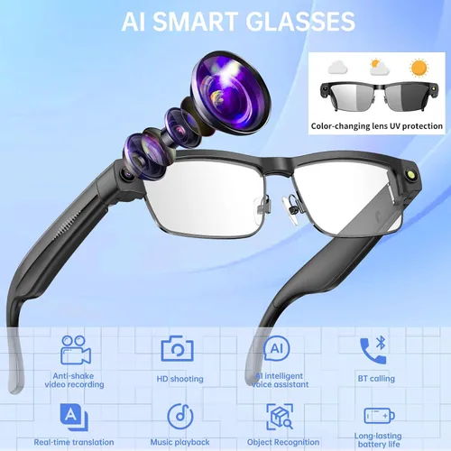 Vista 2 de Lentes inteligentes Bluetooth con cámara HD, grabación de video 1080P, voz AI, chatgpt, audio de oído abierto, música, llamadas, micrófono ANC