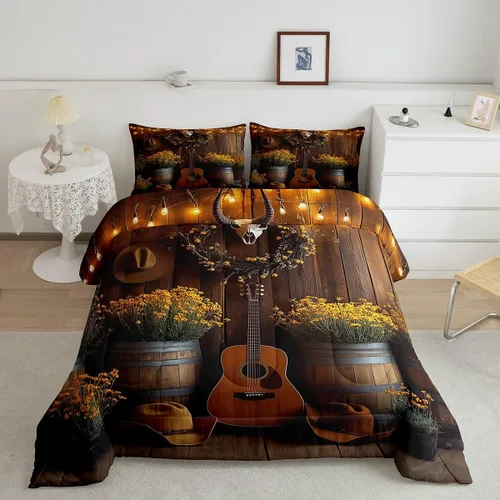 Vista 18 de Castle Fairy Juego de edredón de botas de vaquero, tamaño individual, juego de ropa de cama bohemio con guitarra musical para niños y niños