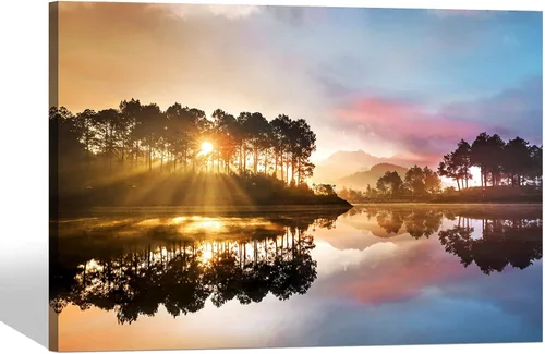 Vista 16 de SD SOFT DANCE - Lienzo de pared con paisaje del lago natural: arte de la naturaleza con escena de atardecer, bosque y montañas, pintura panorámica