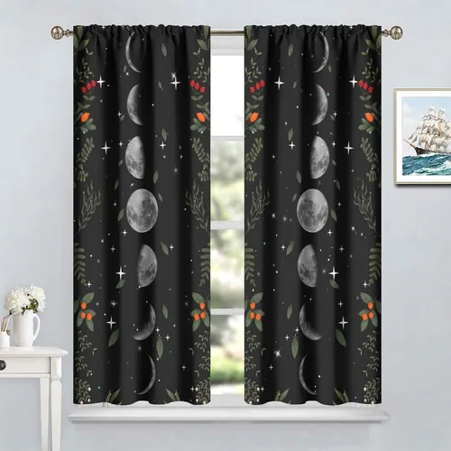 Vista 4 de Cortinas de Ventana Bohemias con Plantas Florales para Dormitorio de Niño y Niña, Cortinas de Ventana Góticas de Jardín Iluminado por la Luna