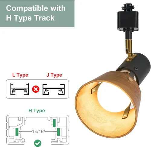 Vista 2 de TeHenoo Modern H Type Track Lighting, Matte Black, Pack of 3 Adjustable Track Heads, Natural Wood Lampshade, E26 Socket, Brass Swivel Item Kit
