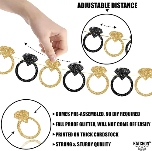 Vista 7 de KatchOn Cartel dorado con purpurina de la novia para ser – 10 pies, pre-encordado, sin bricolaje Anillo de diamante negro y dorado con purpurina