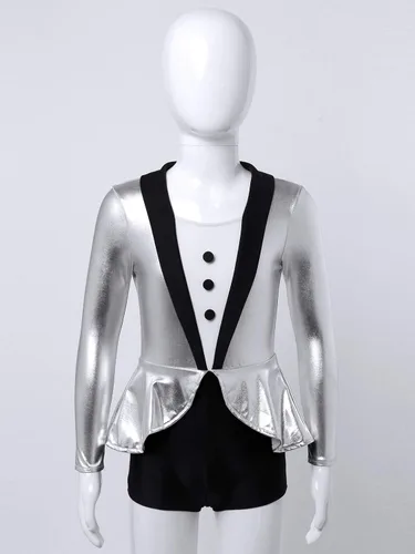 Vista 3 de Disfraz de esmoquin para niños y niñas, estilo jazz tap moderno para danza, disfraz de Halloween plateado