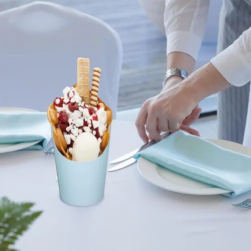 Vista 7 de Whaline 50 tazas de charcutería azules con bolsas de palitos, lazos giratorios, 14 onzas, desechables, para aperitivos, papas fritas para el hogar