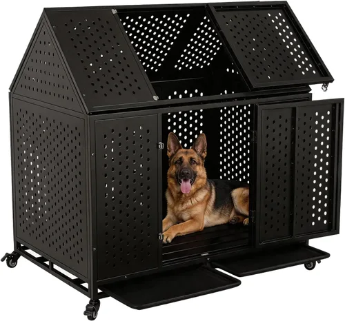 Vista 11 de Jaula indestructible para perros de 54 pulgadas, resistente a prueba de escapes, de acero, doble puerta, alta ansiedad, con ruedas, bandeja