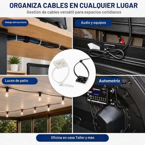 Vista 7 de Kit de soportes de cable con pegamento trasero autoadhesivo fuerte - 100 piezas de clips de gestión de cables con bridas de 6 pulgadas, soportes
