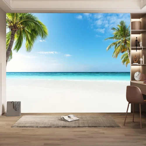 Vista 13 de Mural de pared 3D Ocean Beach, paisaje tropical, papel tapiz autoadhesivo extraíble para sala de estar, dormitorio, decoración de pared, 59 pulgadas