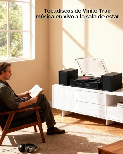 Vista 6 de Reproductor de discos de vinilo con 4+2 altavoces estéreo externos Bluetooth, tocadiscos de 3 velocidades con correa para discos de vinilo, dos