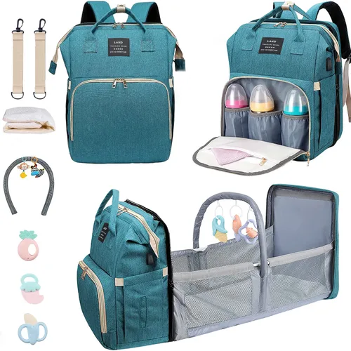 Vista 13 de ANWTOTU Mochila Bolsa para Pañales, Verde militar Mochila de viaje impermeable multifuncional con cambiador, estuche para chupete y correas
