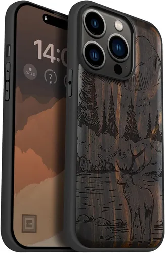 Vista 14 de Carveit Funda magnética de madera para iPhone 14 Pro, madera natural y TPU suave negro, funda protectora a prueba de golpes, funda de madera única