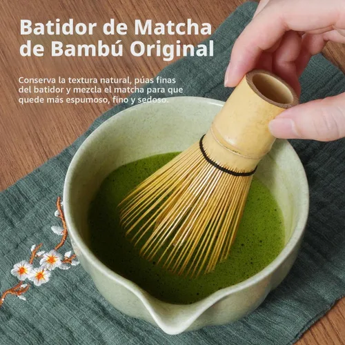 Vista 4 de Juego de Batidor de Matcha, Kit de Matcha Japonés de 7 Piezas que Incluye Tazón de Matcha con Pico, Batidor de Bambú, Soporte Chasen, Tamiz de Acero