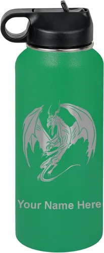 Vista 30 de LaserGram Botella de agua con tapa abatible de doble pared de 12 onzas con pajilla, dragón, grabado personalizado incluido (negro)