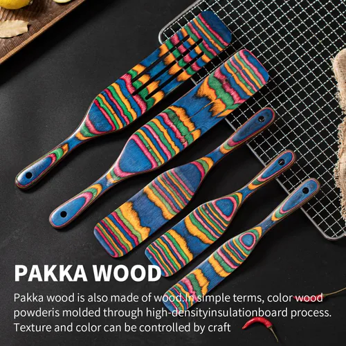 Vista 3 de Juego de espátulas de Pakkawood, Gudamaye 5 piezas de utensilios de cocina de Pakkawood, cucharas de madera para cocinar, utensilios de madera