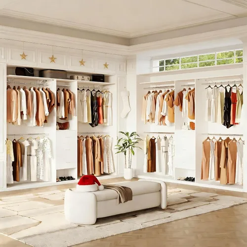 Vista 9 de LINLUX Sistema de armario de 8 pies, organizador de armario de 94 pulgadas con 3 cajones, 4 varillas extensibles para colgar, armarios de madera