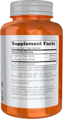 Vista 2 de NOW Sports Nutrition, Arginina y Citrulina 500 mg/ 250 mg, Aminoácidos, 120 Cápsulas Vegetales