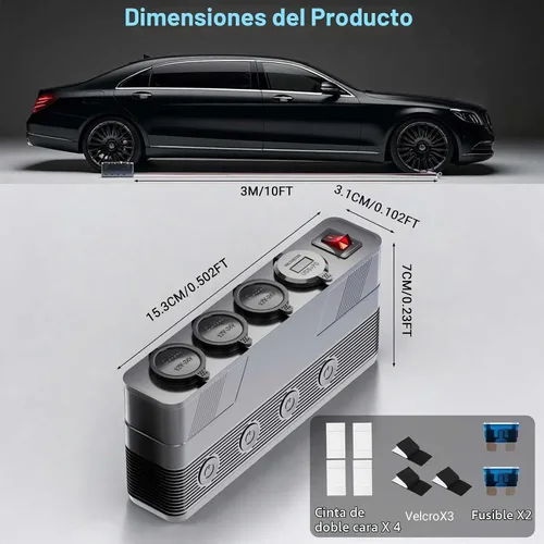 Vista 6 de Divisor de enchufe de encendedor de cigarrillos de 12V: toma de corriente de 180W 15A de 3 enchufes con 4 puertos USB PD66W QC18W - Divisor