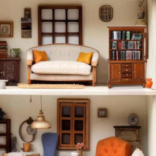 Vista 4 de Estantería de madera a escala 1:12, 48 libros, color marrón Muebles en miniatura para casa de muñecas, escena de biblioteca, regalo de rincón