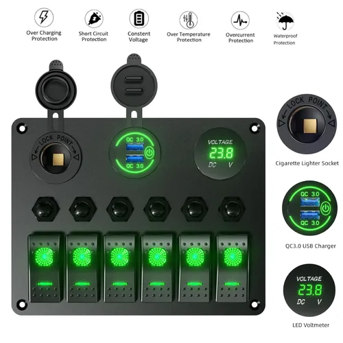 Vista 4 de Panel de interruptor basculante de barco marino impermeable de 6 bandas, protector de sobrecarga, 12-24 V, 36 W, cargador USB dual QC3.0