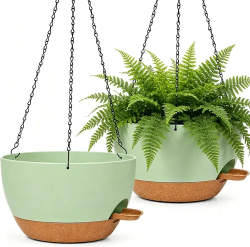 Vista 13 de Macetas colgantes de 10 pulgadas con cadenas, juego de 2, macetas auto-regables de plástico negro para plantas de interior y exterior, decoración