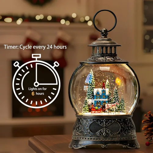 Vista 2 de Globos de Nieve de Navidad, Farol de Agua de Navidad con Carruaje e Iglesia Azul, Música y Temporizador de 6 Horas, Faroles Iluminados con Cable
