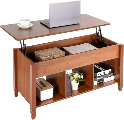 Vista 7 de VINGLI Farmhouse Lift Top Coffee Table,41" Living Room Table,Chestnut Brown Solid Wood Legs, Hidden Storage, 3 Open Shelves, Lifting Tabletop, for