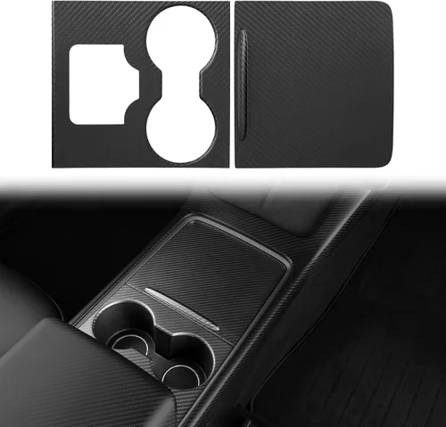 Vista 8 de Envoltura de consola central compatible con Tesla Model 3 Model Y 3K de fibra de carbono real, kit de envoltura de decoración interior, 2 accesorios