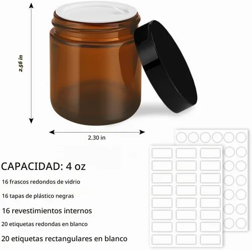 Vista 3 de Frascos de vidrio de 4 onzas con tapas, paquete de 16 frascos ámbar con tapas y forros internos, boca ancha Frascos de vidrio negros para crema