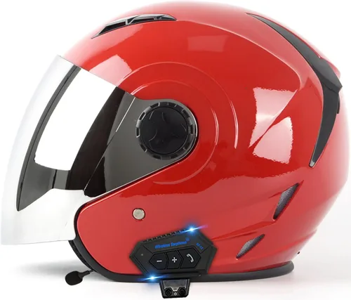 Vista 10 de Casco Bluetooth para motocicleta 3/4, casco retro abierto con visera solar, casco de moto Jet para hombres y mujeres adultos, casco aprobado por DOT
