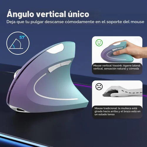 Vista 3 de Vassink Ratón ergonómico inalámbrico recargable, conexión USB A+Type C (2en1), 800/1200/1600 DPI, 6 botones, 2.4GHz, ratón vertical para túnel