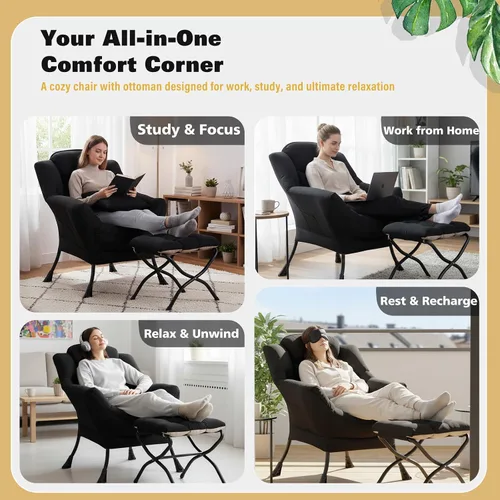 Vista 8 de Silla perezosa con otomana, moderna silla de descanso con reposabrazos y una almohada, juego de silla de sofá de ocio, silla de lectura