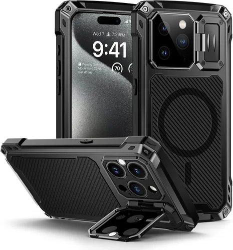 Vista 12 de Lanhiem Funda de metal para iPhone 13 con funda de cámara y soporte [compatible con MagSafe] [Soporte integrado] [Protección de grado militar] Funda