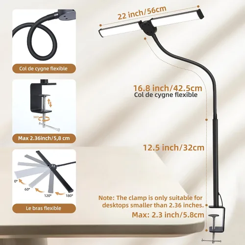 Vista 2 de Motumen Lámpara de escritorio LED para oficina en casa, abrazadera de luz de escritorio para cuidado de los ojos, color negro