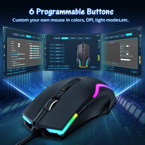 Vista 6 de WEEMSBOX Mouse para juegos con cable ratones de computadora con 7 modos retroiluminados RGB mouse de computadora gamer 8000 DPI ajustables - 6