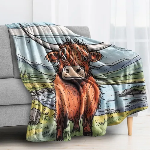 Vista 2 de Highland Cow - Manta de vellón para sofá o cama, lindas mantas y mantas con dibujos animados, súper suave y acogedora manta de franela de felpa