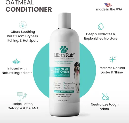 Vista 2 de Lillian Ruff PRO Formula - Acondicionador de avena para perros, alivio nutritivo y calmante para alergias y pieles sensibles, desenreda, suaviza